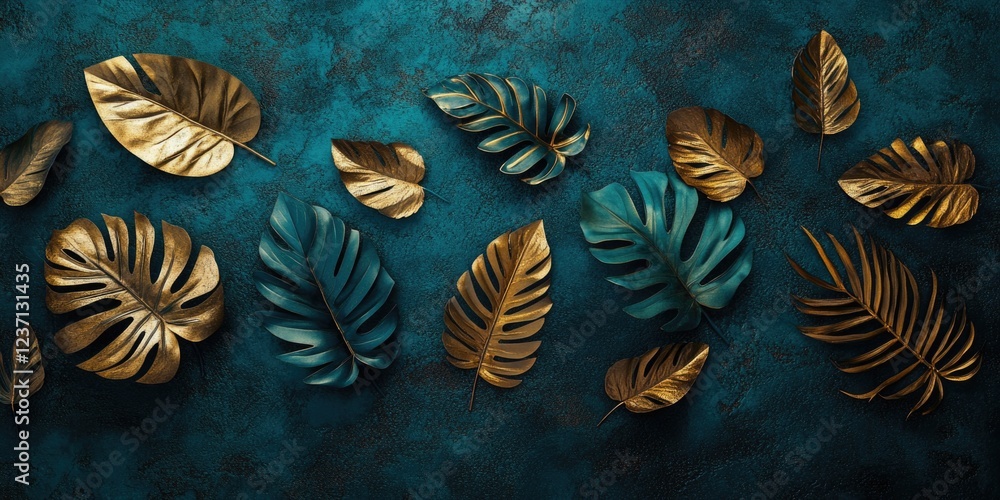 Poster the image features a collection of autumn leaf patterns in gold and blue. the background is dark to 