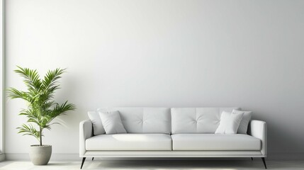 Modern Minimalist Living Room with White Sofa and Green Plant
