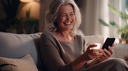 Middle-aged woman laughing while watching funny videos on her smartphone, enjoying internet content on social media