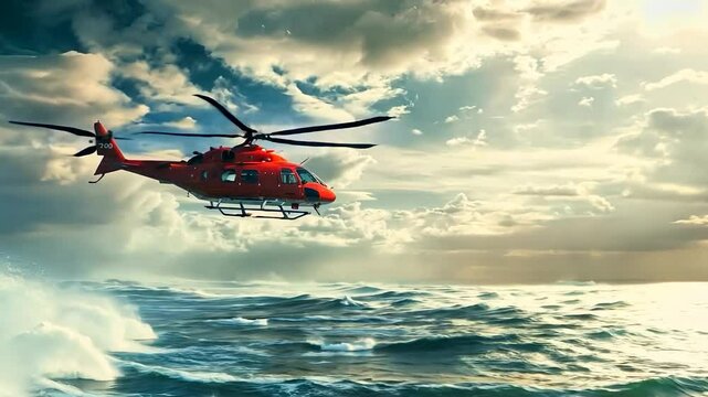 A helicopter flying over rough, stormy seas during a search operation, symbolizing rescue efforts, bravery, and emergency response in extreme conditions.