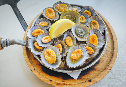 Grilled limpets served on a cast iron with a lemon slices in a restaurant in Azores island. Typical Atlantic ocean region seafood dish