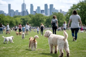 Dogs Playing in Central Park New York City with Manhattan Skyline Background on Sunny Summer Day, Green Space Urban Life