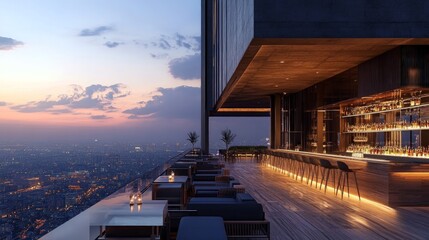 Fototapeta premium Modern Rooftop Bar with City View at Sunset in Urban Setting