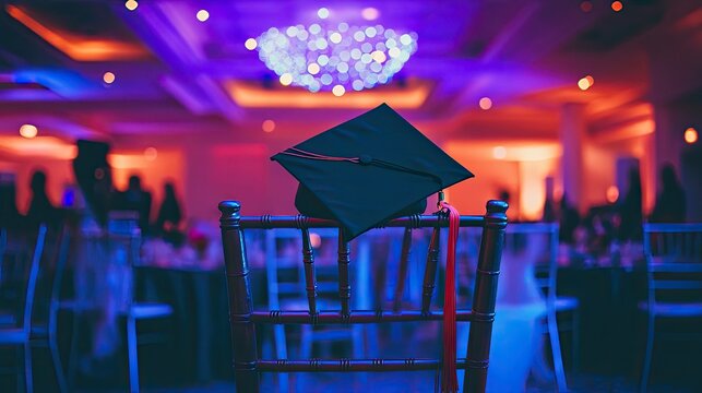 Graduation cap rests on chair at festive event