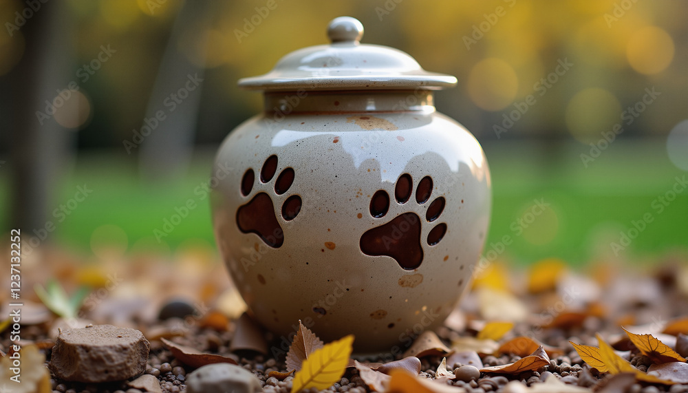 Wall mural Pet urn with paw prints on autumn leaves background