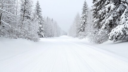 Obraz premium Snowy cross-country ski trail through winter forest