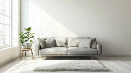 Modern Living Room Interior with Cozy Sofa and Green Plant Decor