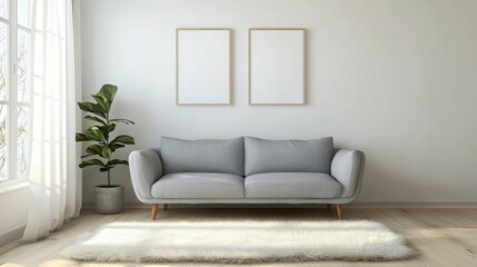 Modern minimalist living room with empty frames and plant