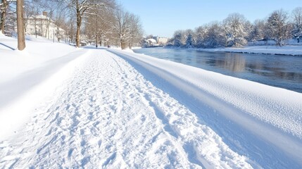 Snowy river path, winter landscape, footprints, trees
