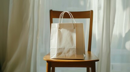 White Paper Shopping Bag on Chair in Bright Room with Sheer Curtain