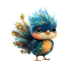 Fluffy 3D Cartoon Peacock Chick Isolated on Transparent Background