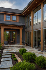 Obraz premium Modern Luxury Home Exterior Design: Stone, Wood, and Glass Architecture