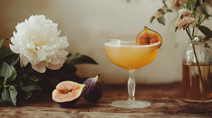 A refreshing fig-infused cocktail garnished with a fig slice, presented alongside fresh figs and peonies.