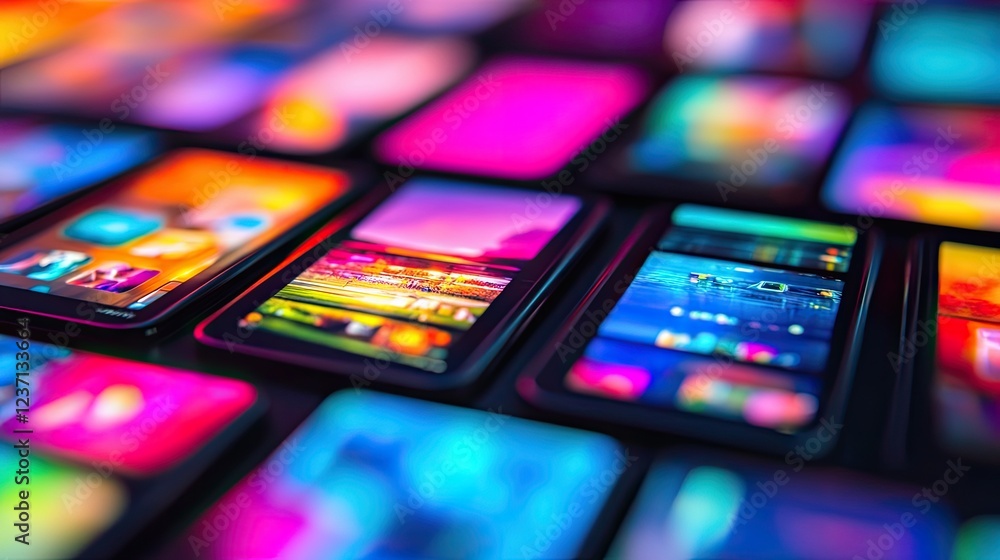 Poster vibrant smartphone screens displaying colorful images and apps