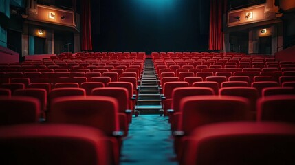 Fototapeta premium Captivating Interior of an Empty Movie Theater with Red Seats