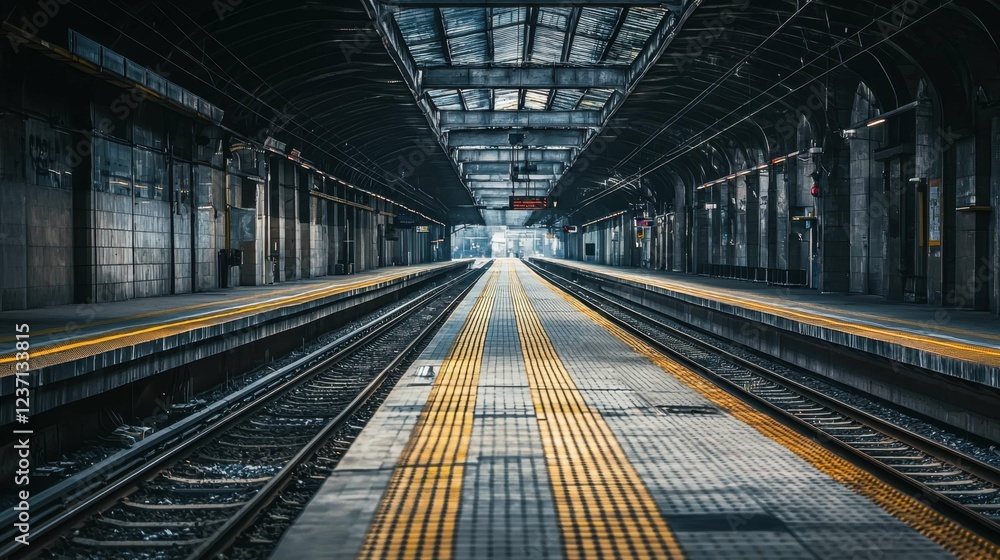 Poster empty railway station platform with tracks and overhead structure