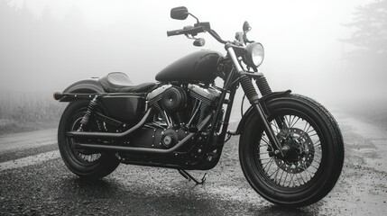 Fototapeta premium Black Motorcycle on Foggy Road