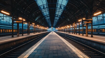 Tranquil Train Station Interior with Symmetrical Design and Lights