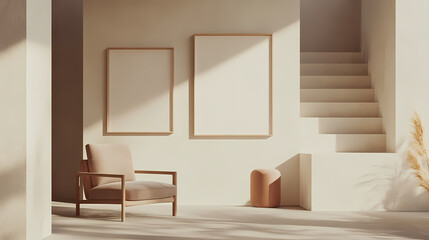 Contemporary minimalist room with a sculptural chair and two mockup poster frames, each framed with depth for a floating visual effect. Sculptural Depth. Illustration