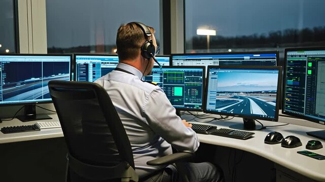 Air traffic controller monitors flight data at night in a busy control room
