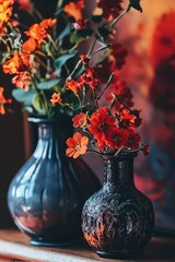 Two vases of red flowers and foliage sitting on a table, evoking the warmth of autumn.