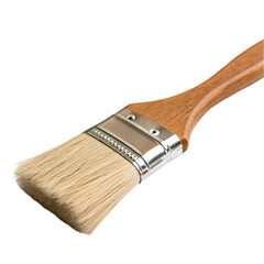 A wooden handled paint brush with yellow bristles isolated