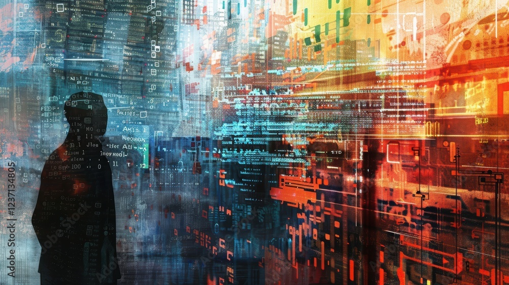 Poster cybersecurity concept with hackers and layered firewall protections in digital data breach attempt