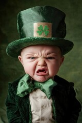 Baby dressed in a St Patrick's Day outfit, wearing a top hat and crying for beer.