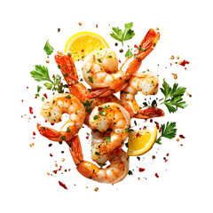Flying Garlic Butter Shrimp with Lemon Slices Isolated on Transparent Background