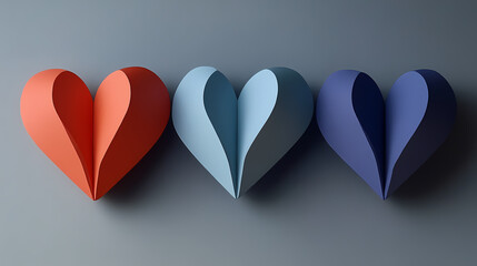 Three heart shapes in bold colors create a striking artwork enhancing emotional depth and visual appeal in a contemporary setting. Sculptural Depth. Illustration