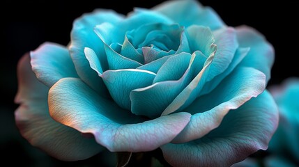Obraz premium Close-up of a vibrant turquoise rose on a black background, enhanced with an isolated clipping path for design