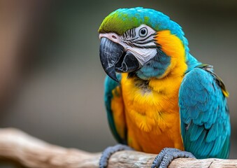 Obraz premium A Wide-Angle Image of a Sun Conure Bird Seated on a Branch, Featured on a White Background