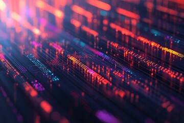 Obraz premium Futuristic interface of digital data matrix with vibrant red and blue lights, symbolizing advanced technology, big data analytics, and programming concepts