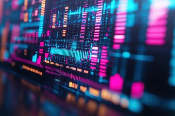 Obraz premium High-tech visualization of a digital interface with glowing pink and blue bars and graphs, representing advanced data analysis, technology, and information systems