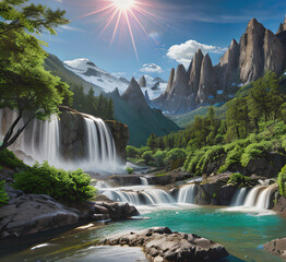 Naklejka premium Fantasy realistic Stunning natural objects including lakes and mountains.mountains lake boat Background and use it as your wallpaper, posters and banners.Generative AI 