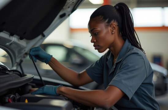 African American female mechanic working on a car engine in a car repair shop