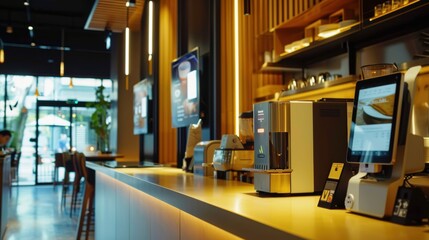 Modern Cafe with Contactless Payment and AI Kiosks for Streamlined Ordering Experience