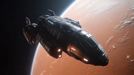 Naklejka premium Dark spaceship orbiting a red planet in space