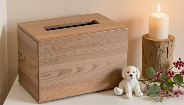 Wooden pet urn with a dog figurine and candle