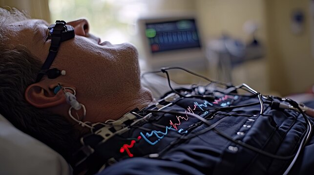 Man undergoing sleep study wearing monitoring equipment