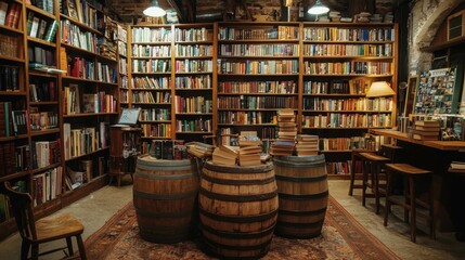 Obraz premium Cozy Vintage Bookstore with Wooden Barrels and Warm Lighting