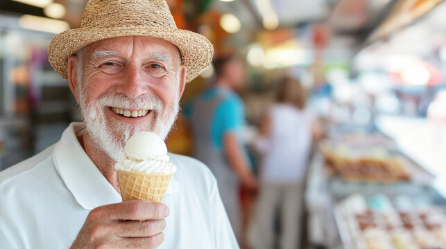 A cheerful senior man wearing a straw hat enjoys a vanilla ice cream cone outdoors at a market, radiating happiness and summertime vibes. - Powered by Adobe