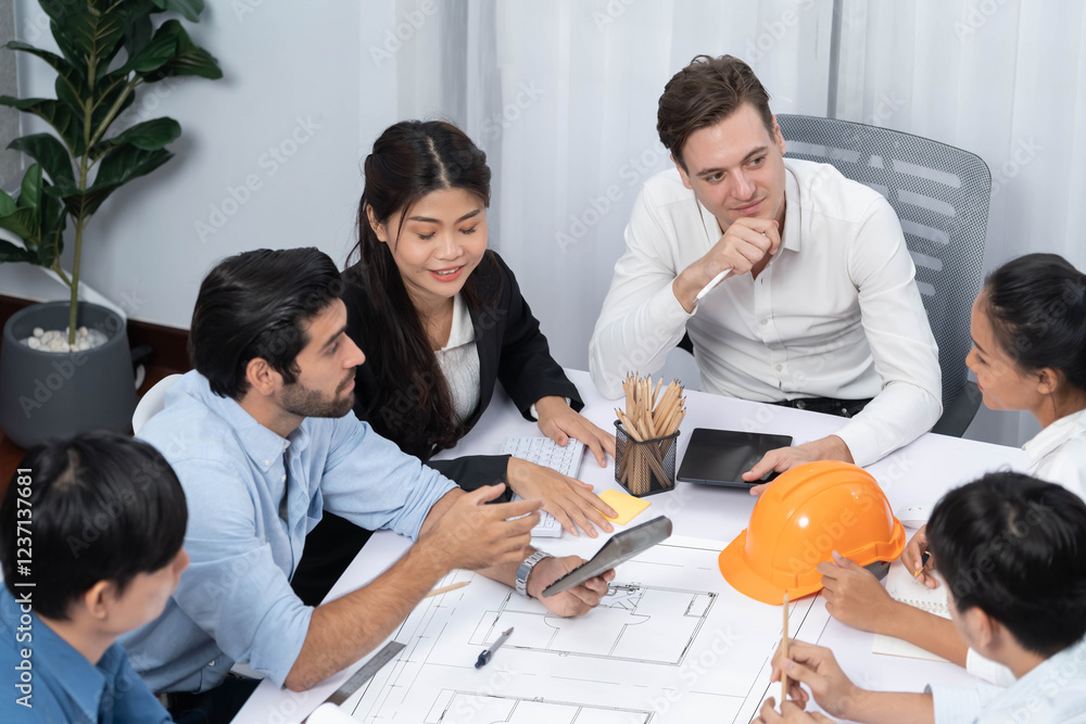 Poster diverse group of civil engineer and client working together on architectural project, reviewing cons