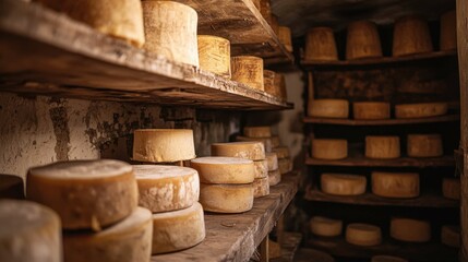 Fototapeta premium Aged Cheese Wheels on Wooden Shelves in Rustic Cheese Cellar