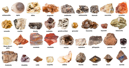 red brown raw minerals with names isolated