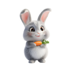 Obraz premium Fluffy 3D Cartoon Bunny Holding a Carrot with Oversized Floppy Ears Isolated on Transparent Background