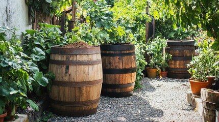 Fototapeta premium Wooden Barrels Surrounded by Lush Greenery in a Garden Setting