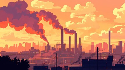 Obraz premium Sunset Cityscape Industrial Smokestacks Pollution