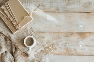 Fototapeta premium Minimalist Flat Lay of Incense, Meditation Book, and Coffee on Neutral Wood