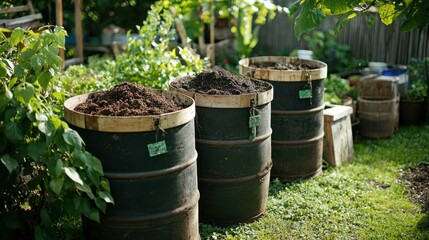 Obraz premium Compost Barrels in a Lush Garden Setting for Sustainable Gardening
